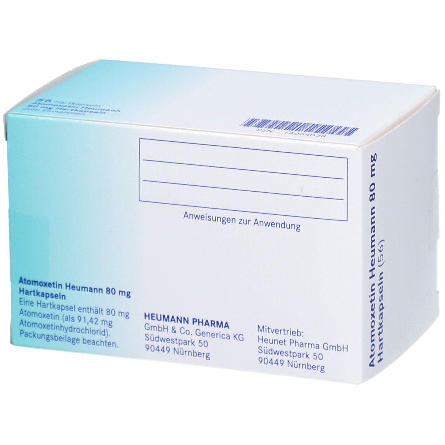 Atomoxetin Heumann 80 mg Packung. Text mit Dosierung, Herstellerinformationen und Anweisungen zur Anwendung.