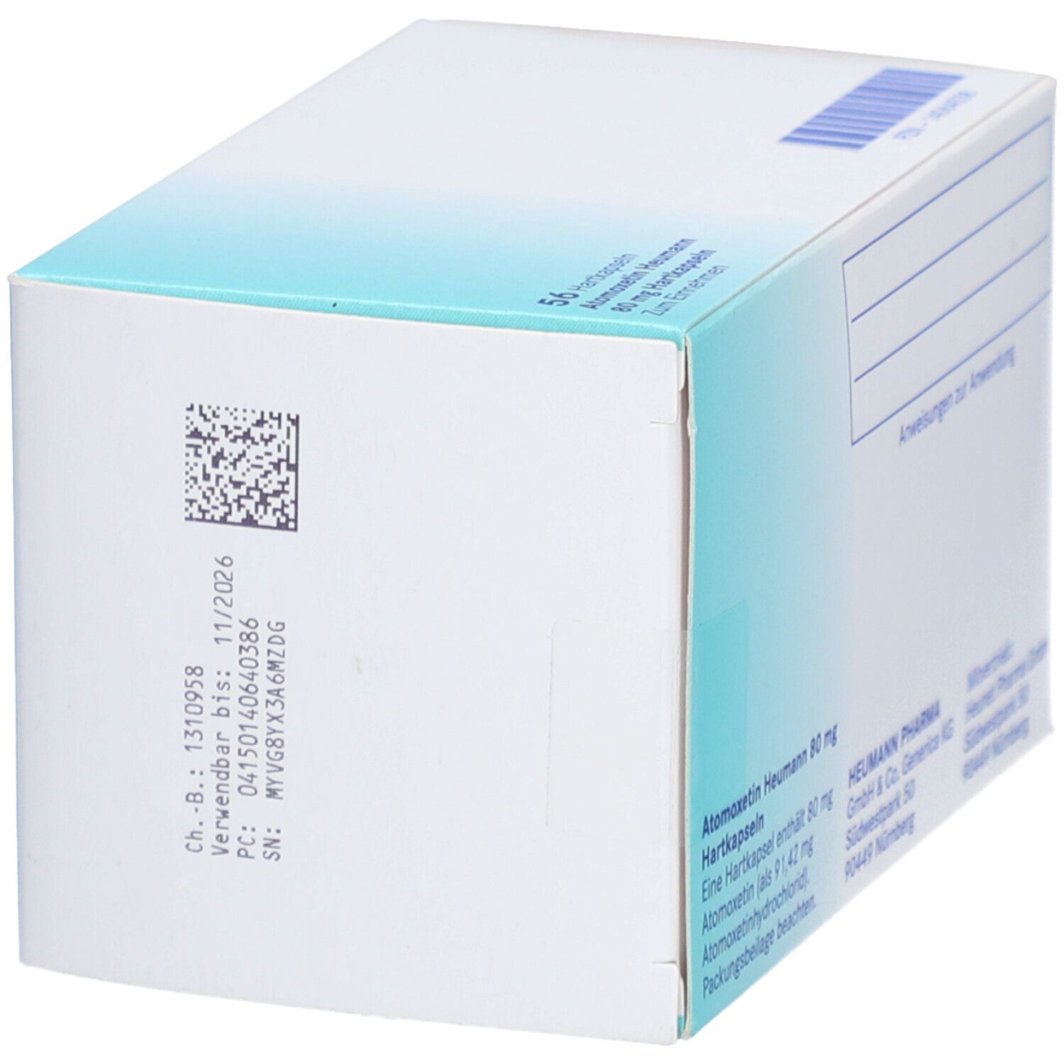 Seitenansicht der Atomoxetin Heumann 80 mg Packung. Barcode, Chargennummer und Verfallsdatum.