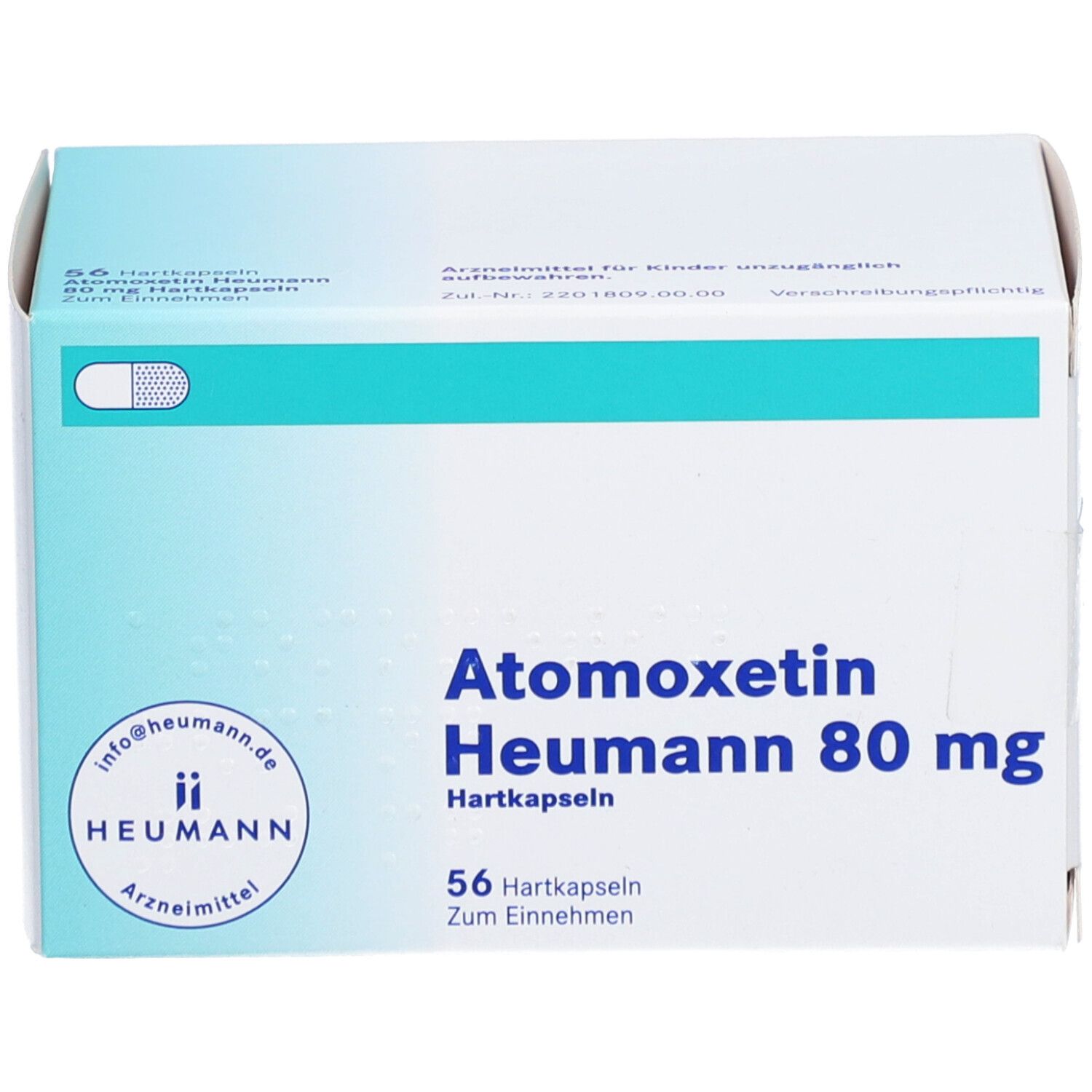 Atomoxetin Heumann 80 mg Packung. Weiße Schachtel mit blauem Streifen. Heumann Logo und 56 Hartkapseln.