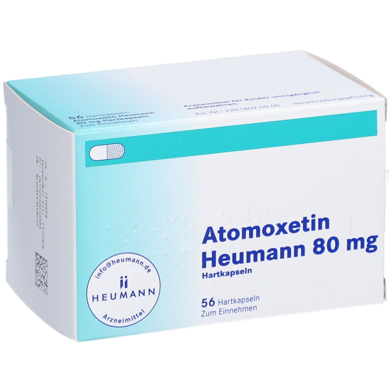 Atomoxetin Heumann 80 mg Packung. Weiße Schachtel mit blauem Streifen. Heumann Logo und 56 Hartkapseln.