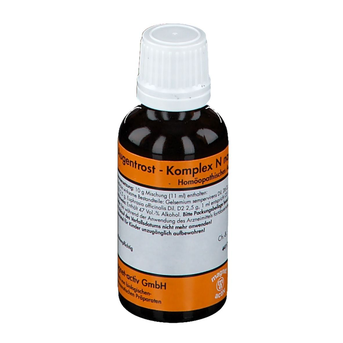 Braune Flasche mit weißem Deckel. Etikett mit Produktnamen und Inhaltsstoffen. Marke: magnet-activ.