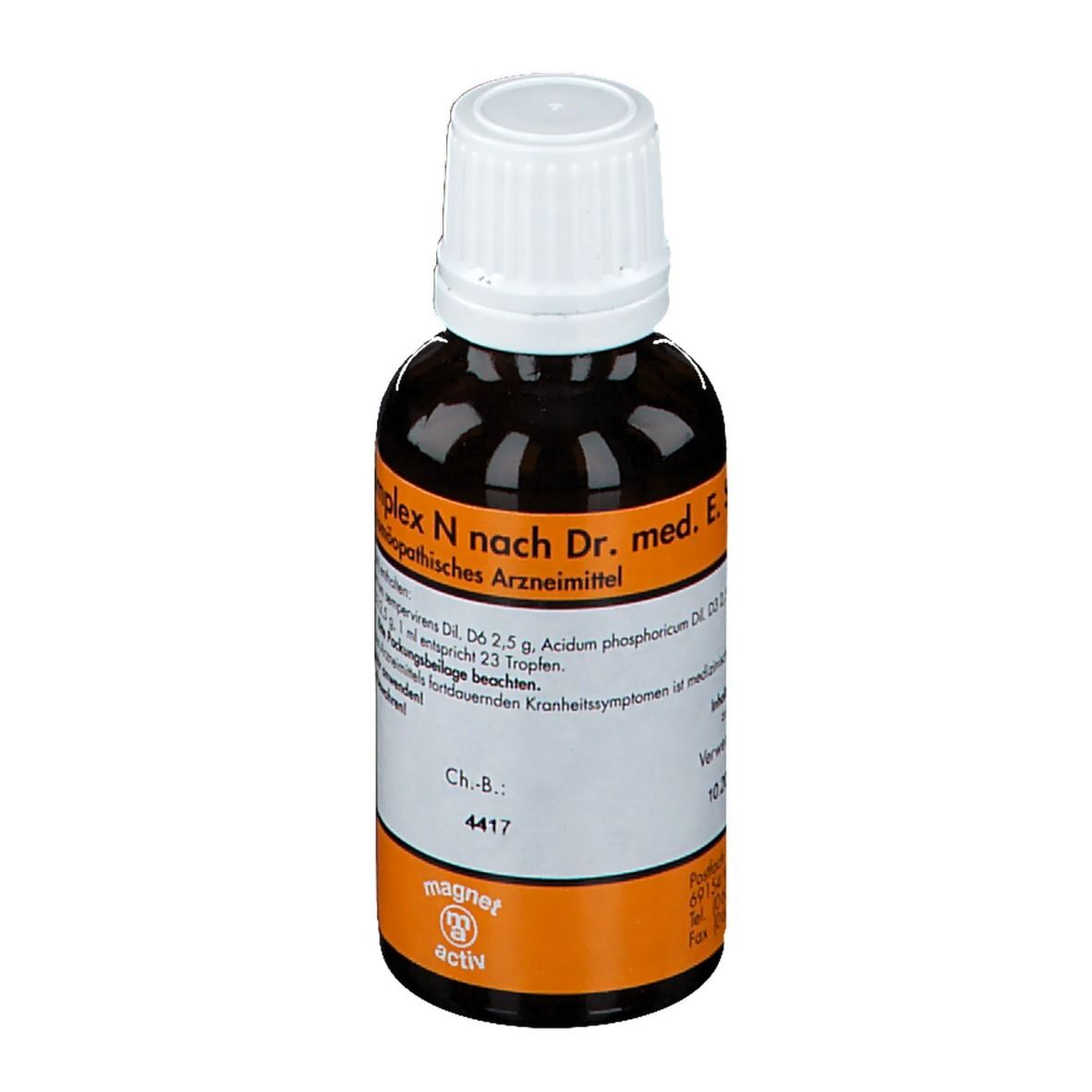 Braune Flasche mit weißem Deckel. Etikett mit Produktnamen und Inhaltsstoffen. Marke: magnet-activ.