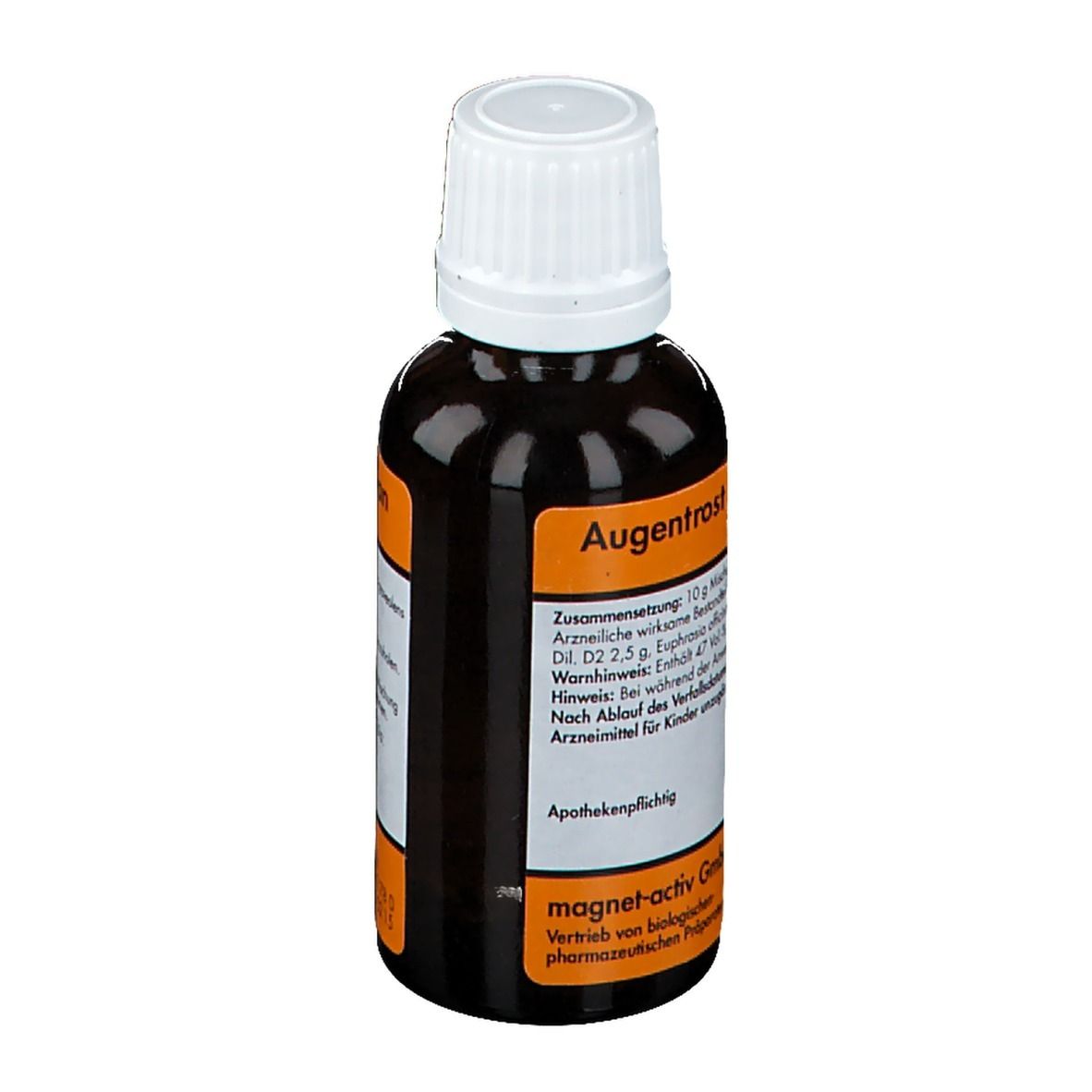 Braune Flasche mit weißem Deckel. Etikett mit Produktnamen und Inhaltsstoffen. Marke: magnet-activ.