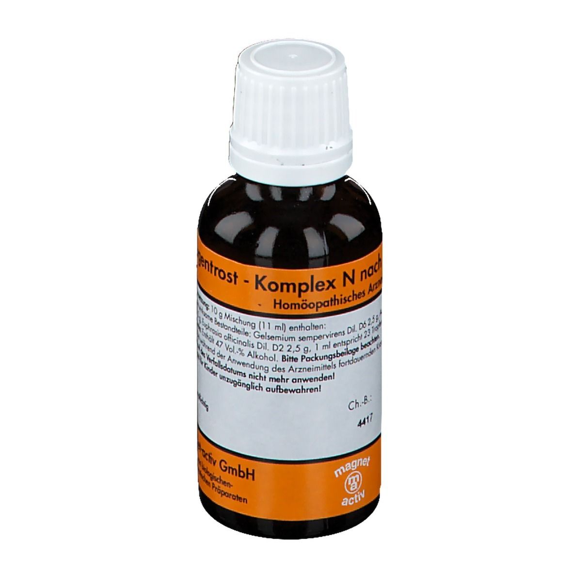 Braune Flasche mit weißem Deckel. Etikett mit Produktnamen und Inhaltsstoffen. Marke: magnet-activ.
