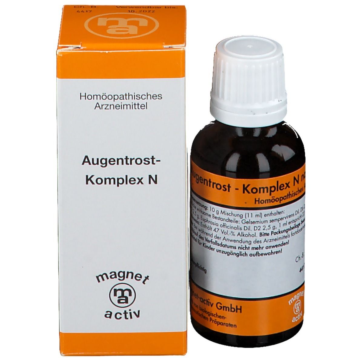 Produktflasche und Verpackung. Braune Flasche, weißer Deckel. Verpackung: weiß/orange, Produktname.