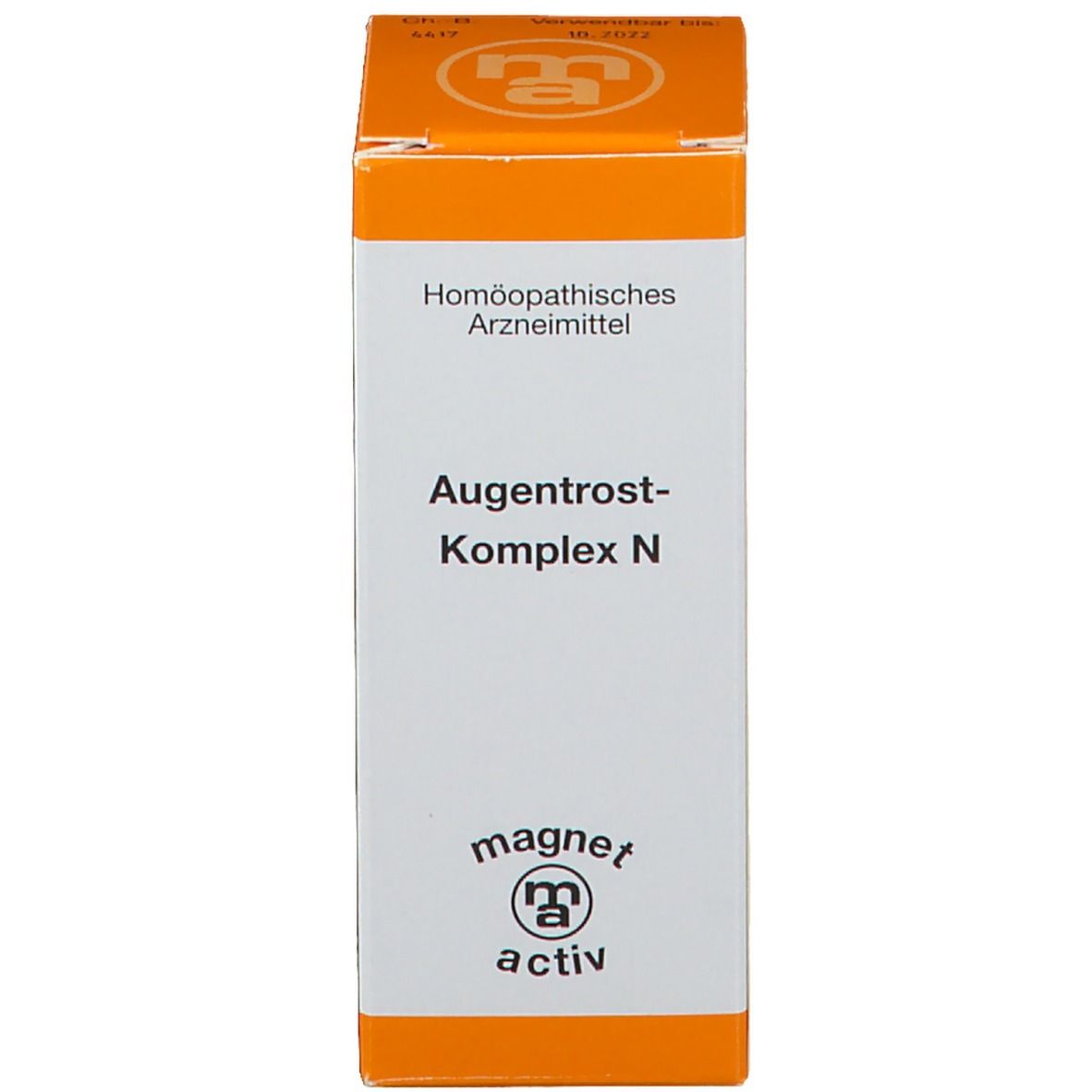 Produktverpackung. Weiß/orangefarbene Schachtel mit Produktnamen und Logo. Marke: magnet-activ.