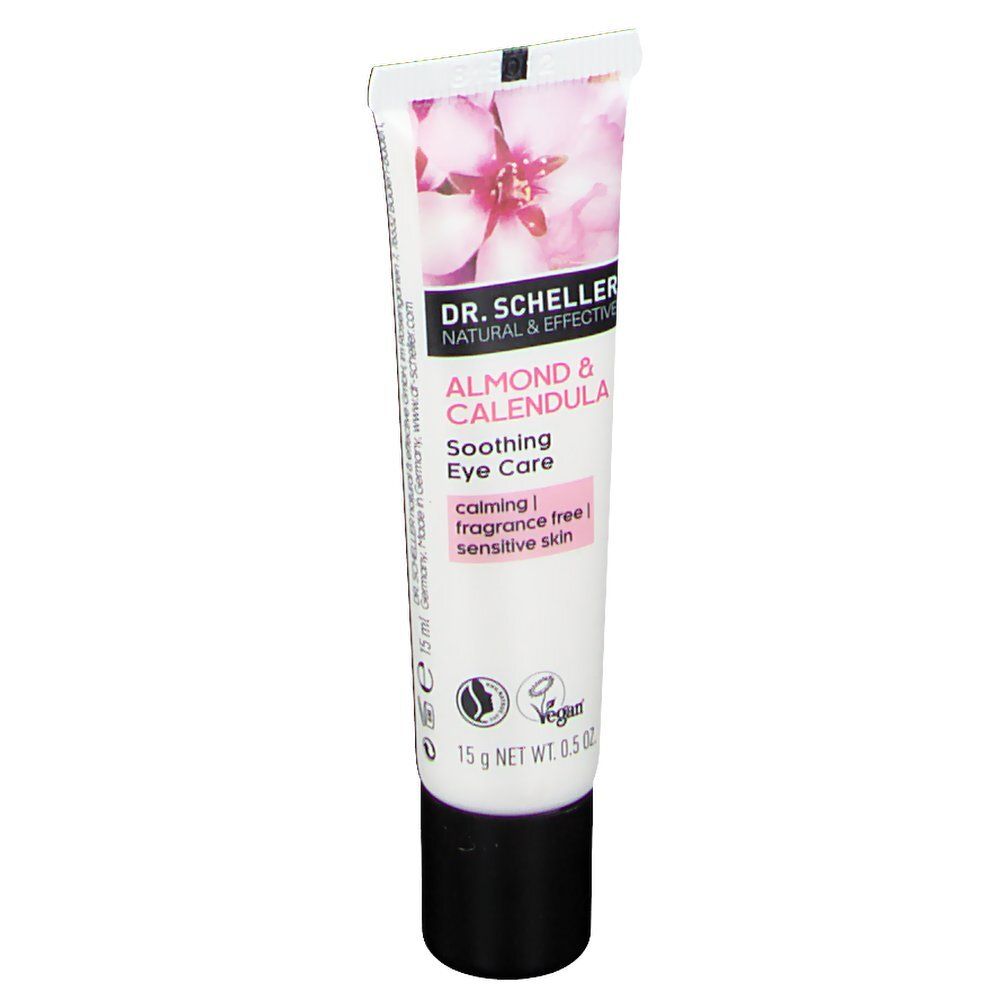 Tube mit Augenpflege. Aufschrift: DR. SCHELLER, Mandel & Calendula, Soothing Eye Care, vegan. 15 g.
