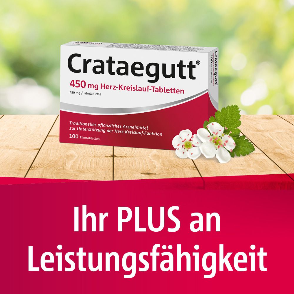 Schachtel Crataegutt® 450 mg Herz-Kreislauf-Tabletten. Auf Holzoberfläche. Produktinformationen und Blüten.
