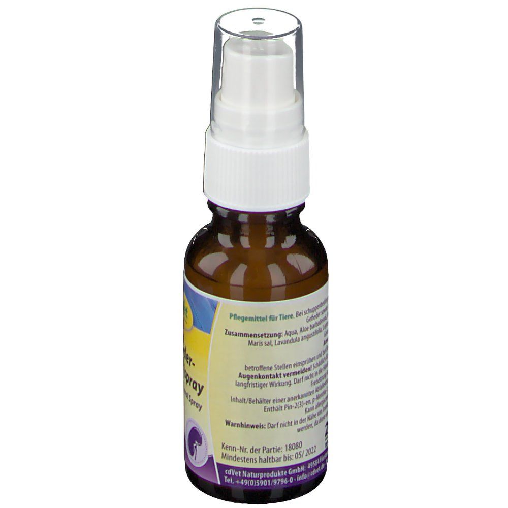 Rückseite der braunen Sprühflasche. Text: Pflege für Tiere, Inhaltsstoffe, Warnhinweise. Logo cdVet.