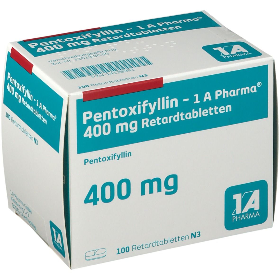 Schachtel mit PENTOXIFYLLIN - 1 A Pharma 400 mg Retardtabletten. Aufschrift: 400 mg, 100 Retardtabletten N3. Logo 1 A Pharma.