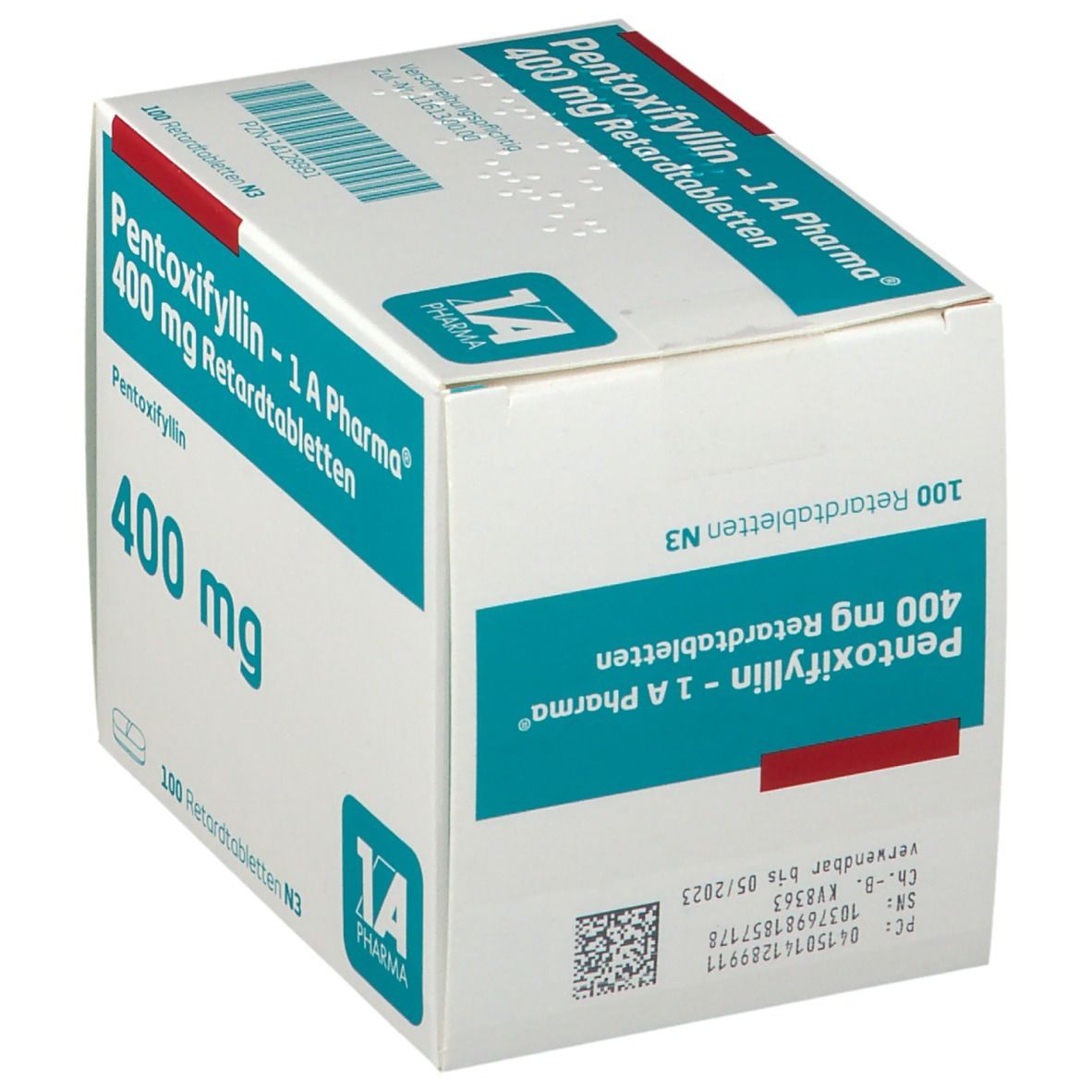Schachtel mit PENTOXIFYLLIN - 1 A Pharma 400 mg Retardtabletten. Aufschrift: 400 mg, 100 Retardtabletten N3. Logo 1 A Pharma. Barcode und Verfallsdatum.