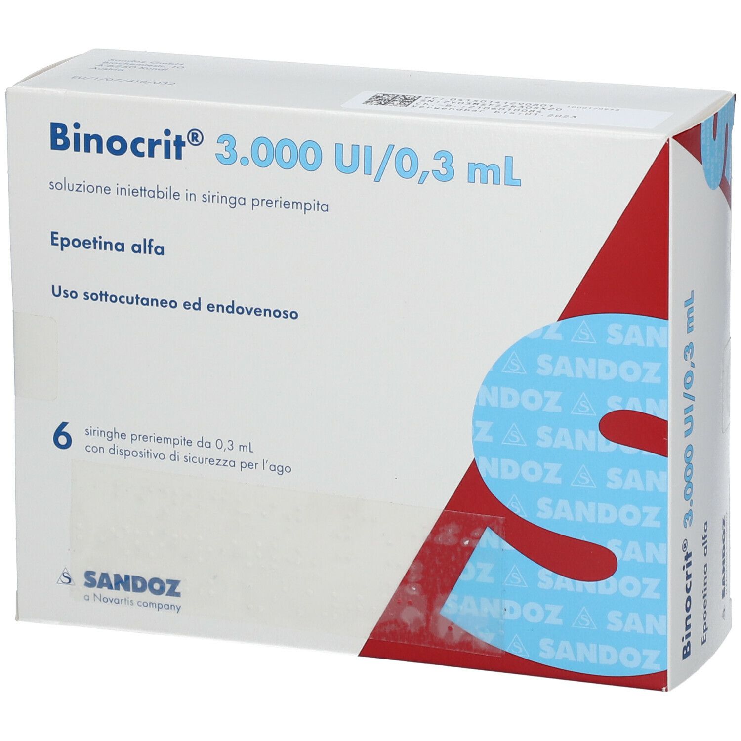 Karton mit Binocrit 3.000 I.E./0,3 ml. Enthält 6 Fertigspritzen. Sandoz Logo unten links.