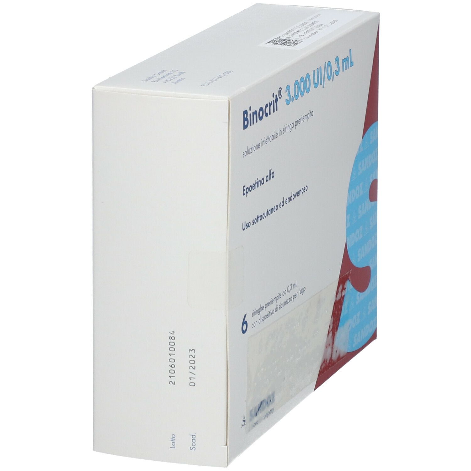 Seitenansicht des Binocrit-Kartons. Produktname und Details sichtbar. Weiße Verpackung mit rotem Akzent.
