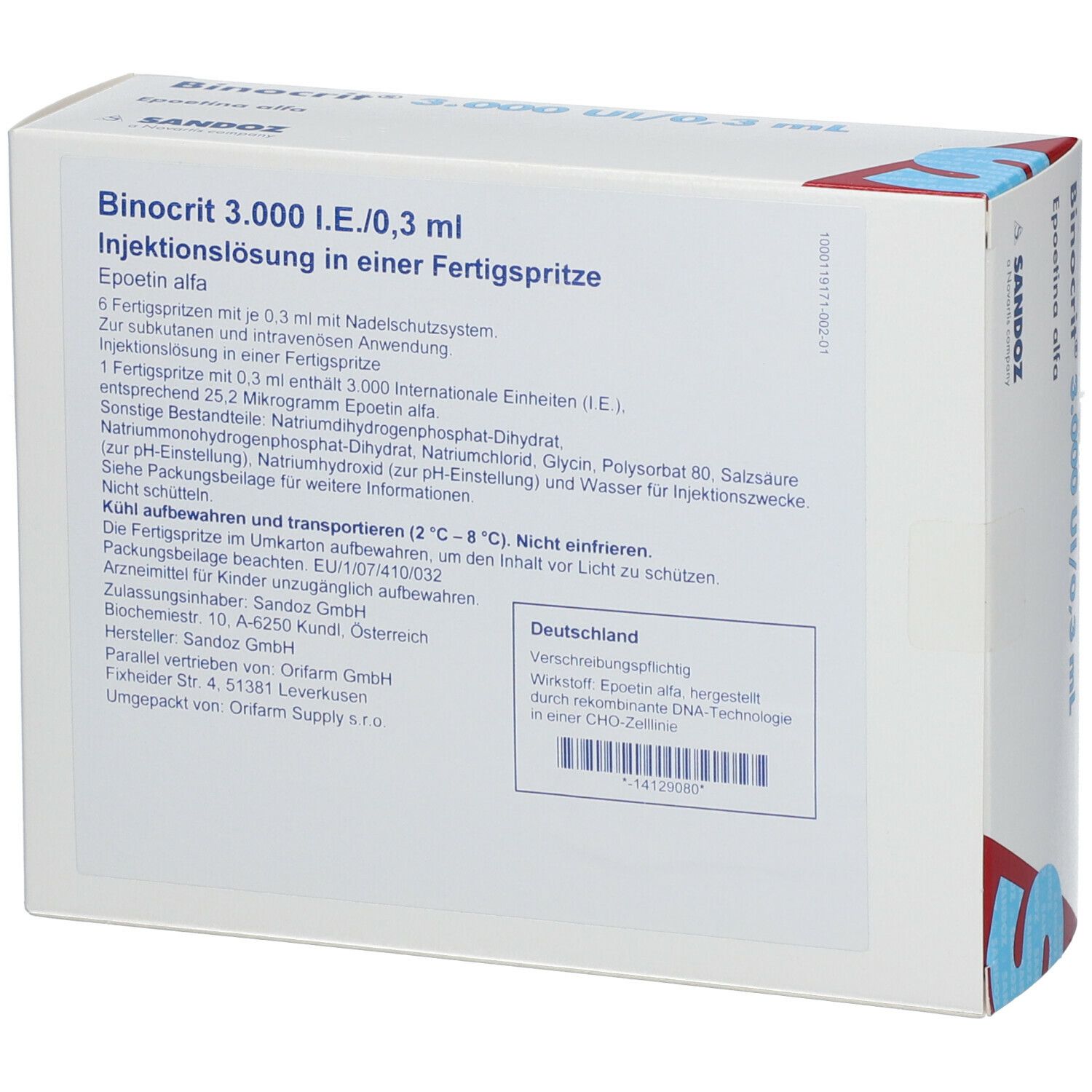Rückseite des Binocrit-Kartons. Produktinformationen, Inhaltsstoffe und Herstellerangaben. Text in Deutsch.