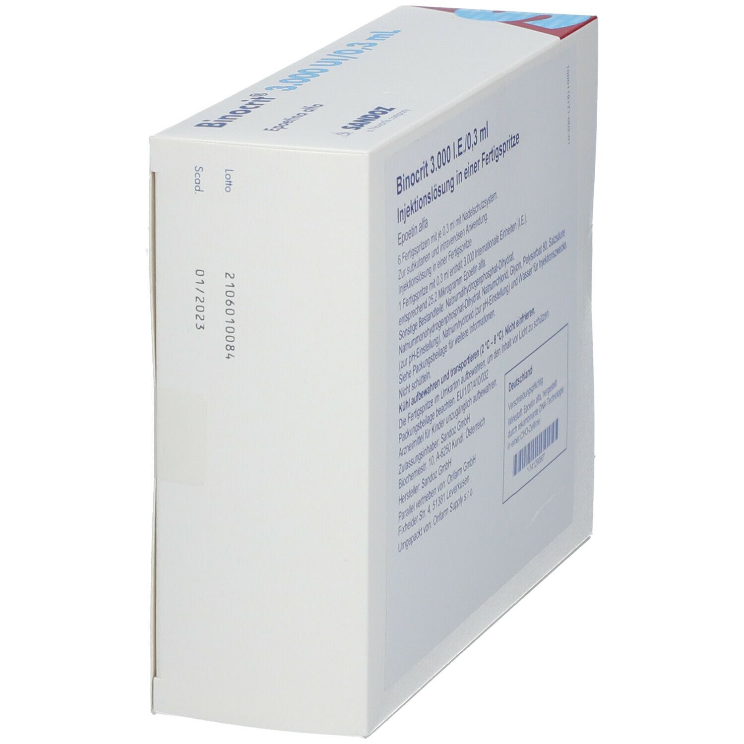 Schräge Seitenansicht des Binocrit-Kartons. Produktname und Details sichtbar. Weiße Verpackung.