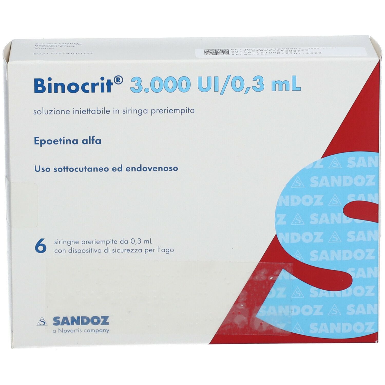 Vorderansicht des Binocrit-Kartons. Produktname und Details deutlich sichtbar. 6 Fertigspritzen.