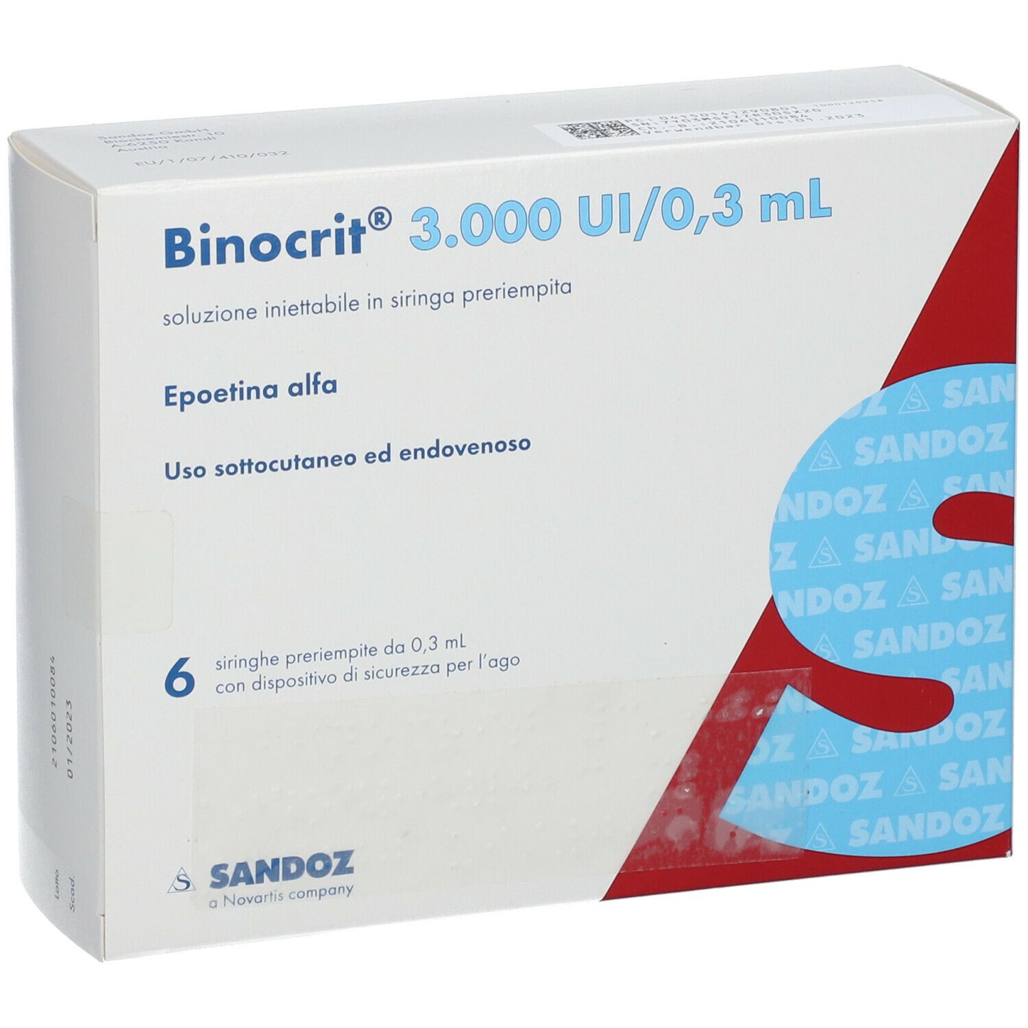 Vorderansicht des Binocrit-Kartons. Produktname und Details deutlich sichtbar. 6 Fertigspritzen.