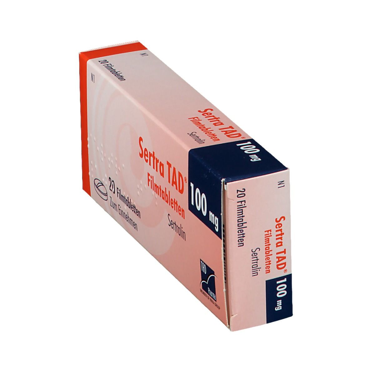 Schräg gestellte Schachtel mit Sertra TAD 100 mg Filmtabletten. Aufschrift: 20 Filmtabletten. Marke und Dosierung sichtbar.