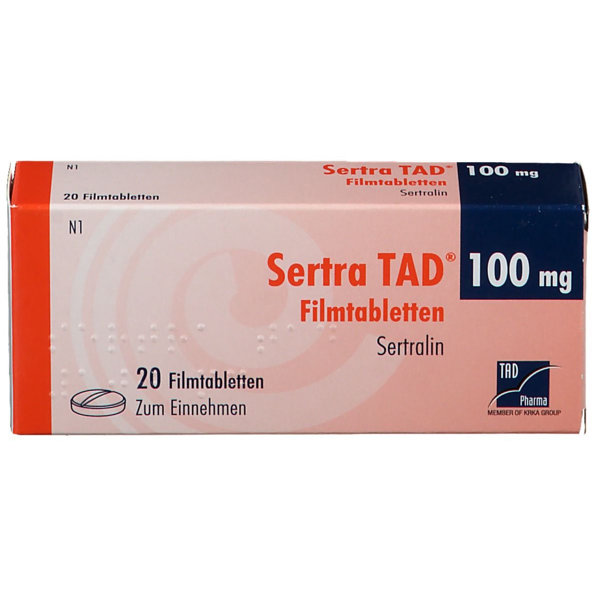 Schachtel mit Sertra TAD 100 mg Filmtabletten. Aufschrift: 20 Filmtabletten. Marke und Dosierung deutlich sichtbar.