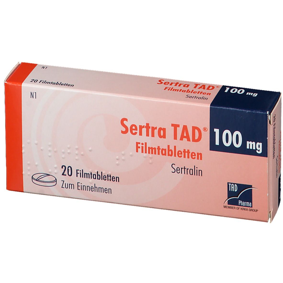 Schachtel mit Sertra TAD 100 mg Filmtabletten. Aufschrift: 20 Filmtabletten. Marke und Dosierung deutlich sichtbar.