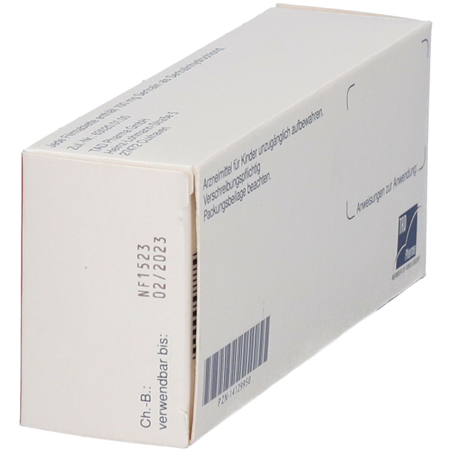 Seitenansicht der Verpackung von Sertra TAD 100 mg Filmtabletten. Aufschrift: Verfallsdatum 02/2023. Barcode.