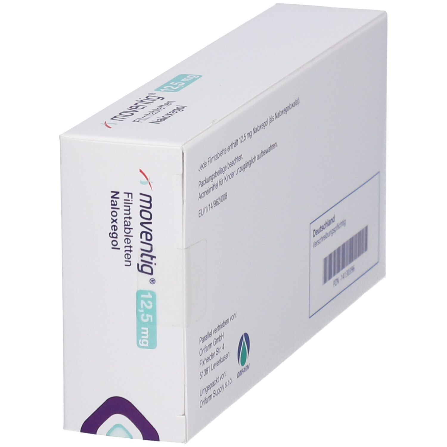 Moventig-Verpackung, Seitenansicht. Enthält Informationen zu Inhaltsstoffen und Hersteller. Barcode und PZN-Nummer.