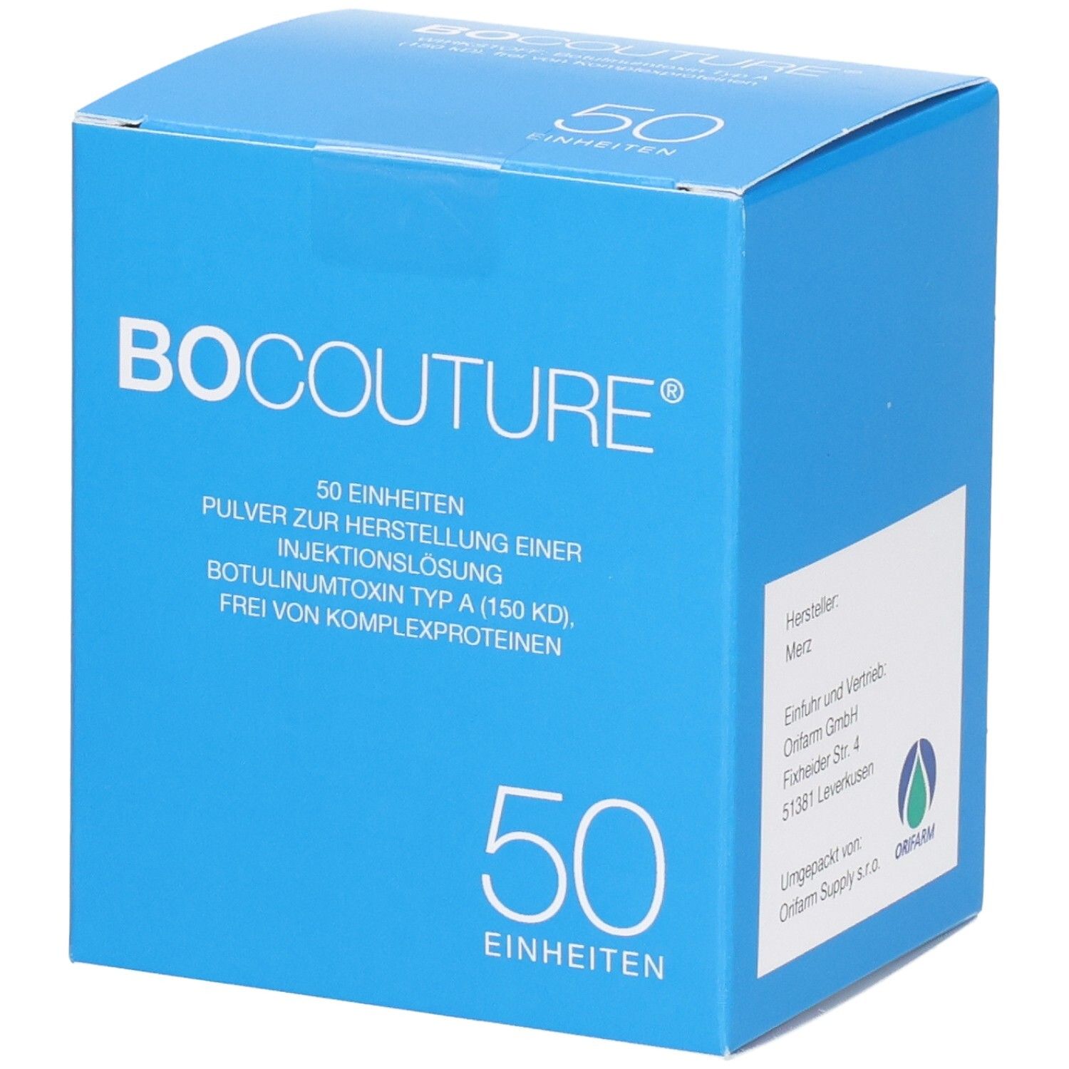 Blauer Karton mit "Bocouture"-Logo und Text. Enthält 50 Einheiten. Herstellerinformationen auf der Seite.