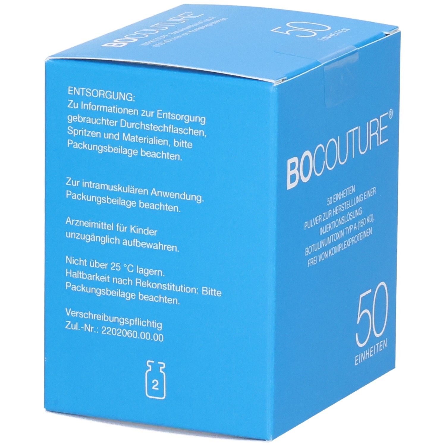 Blaue Box mit Text. Enthält Informationen zur Entsorgung, Anwendung und Lagerung. 50 Einheiten.