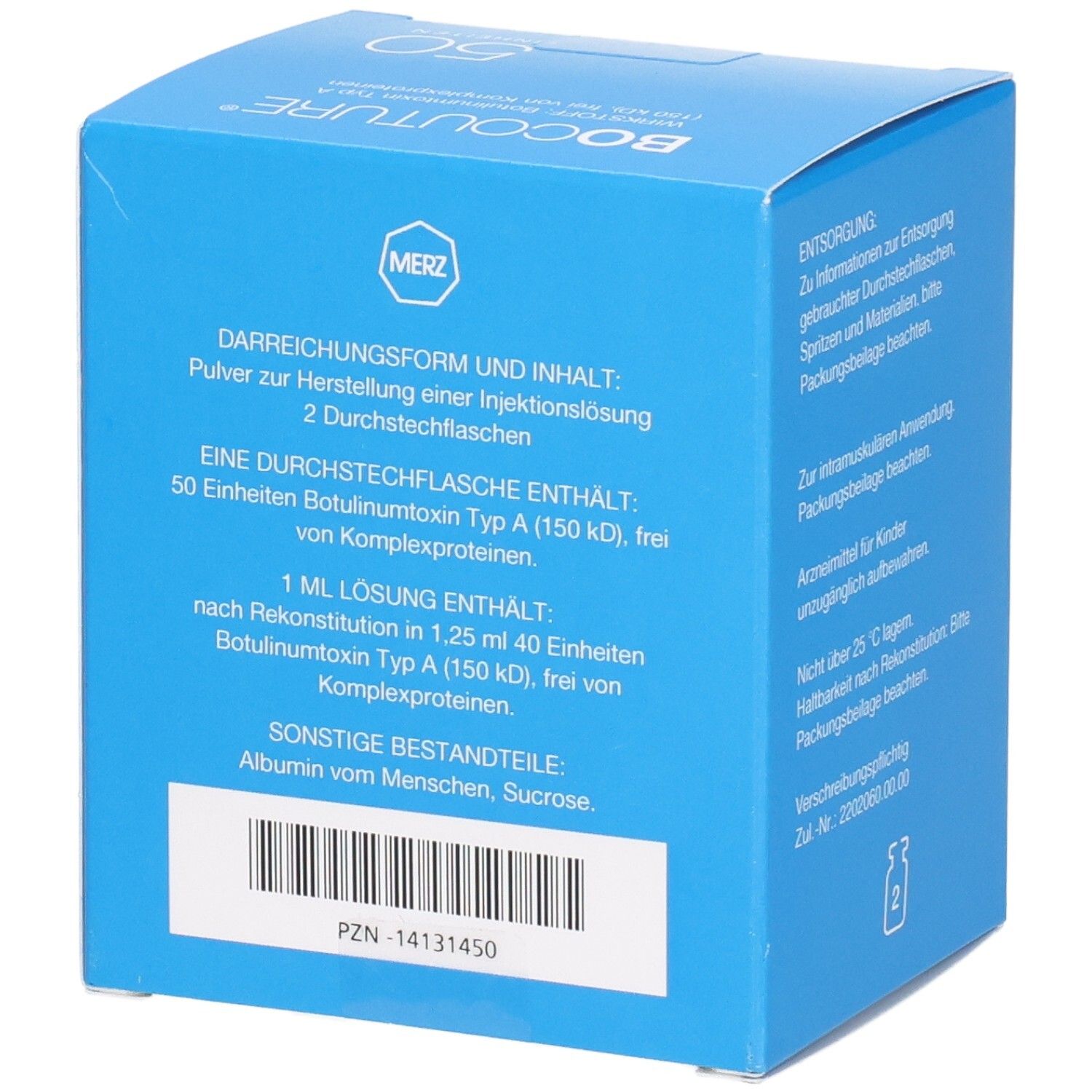 Blaue Box mit Text. Enthält Informationen zur Darreichungsform und Inhalt. PZN-14131450.