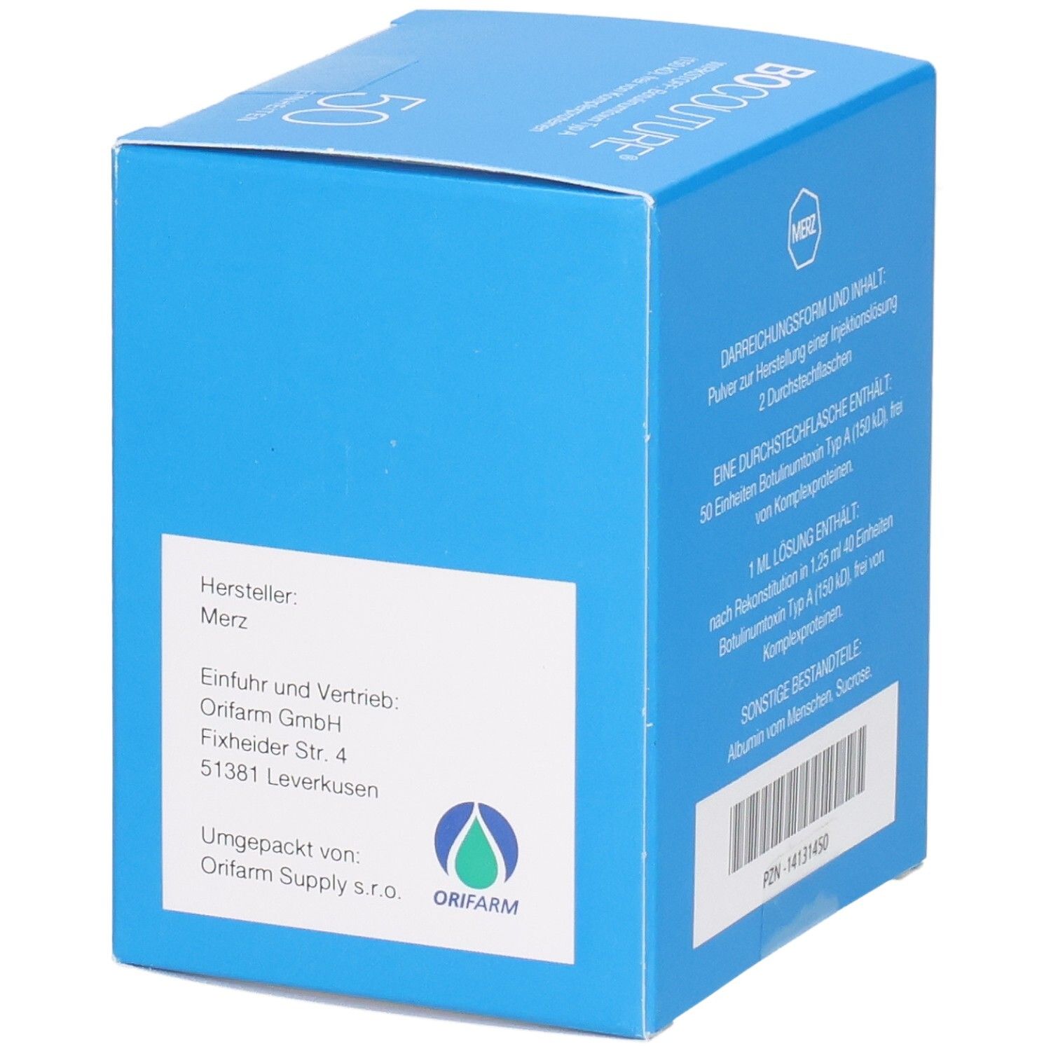 Blaue Box mit Text. Herstellerinformationen und Umverpackung. Logo von Orifarm Supply s.r.o.