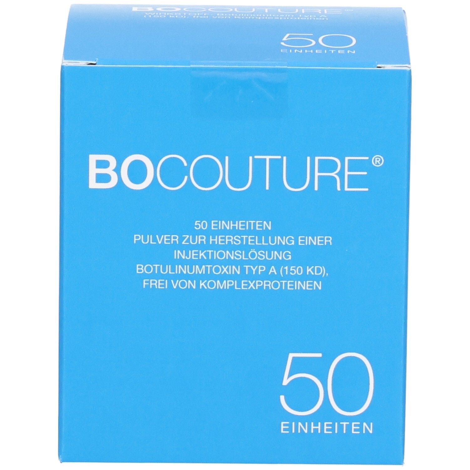 Blaue Box mit "Bocouture"-Logo und Text. Enthält 50 Einheiten. Vorderansicht.