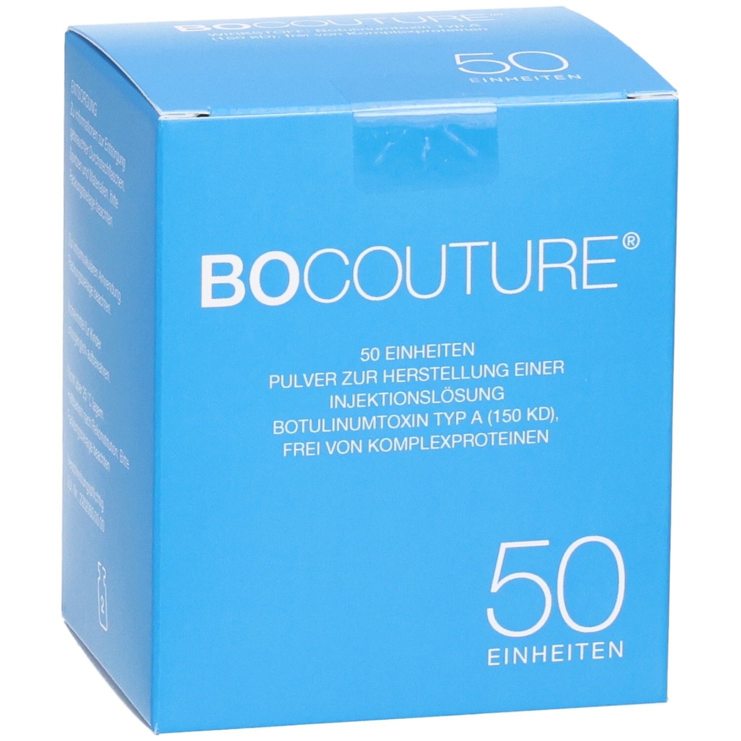 Blaue Box mit "Bocouture"-Logo und Text. Enthält 50 Einheiten. Seitenansicht.