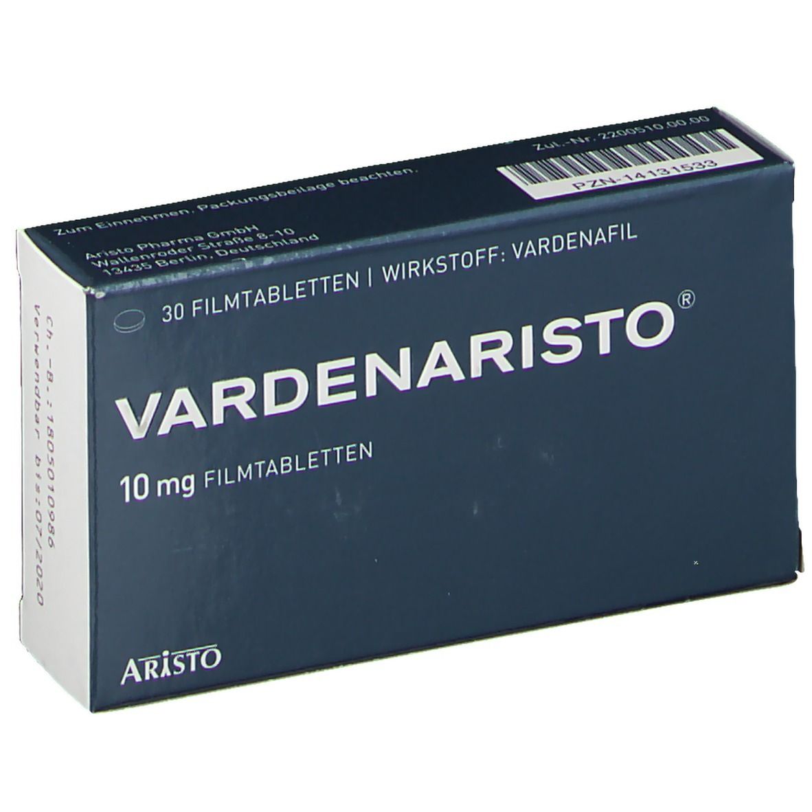 Schachtel mit VARDENARISTO® 10 mg Filmtabletten. Aufschrift: 30 Filmtabletten, Wirkstoff Vardenafil, Aristo. Graue Verpackung.