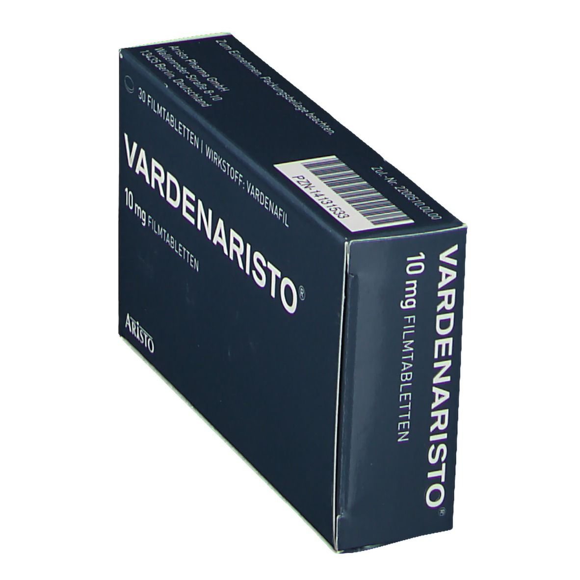 Schachtel mit VARDENARISTO® 10 mg Filmtabletten. Aufschrift: 30 Filmtabletten, Wirkstoff Vardenafil, Aristo. Graue Verpackung.