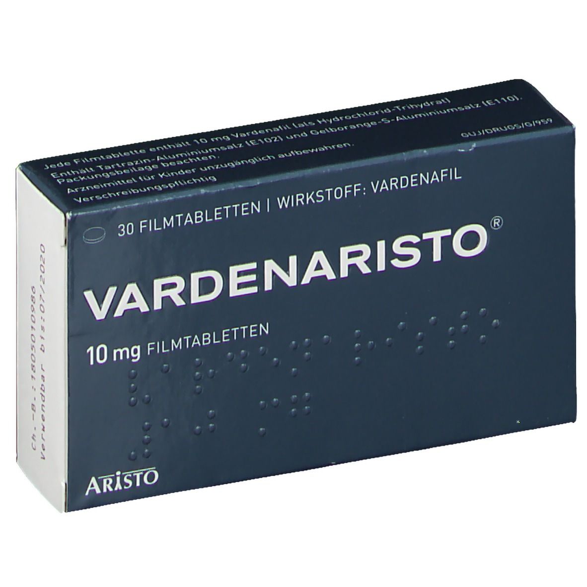 Schachtel mit VARDENARISTO® 10 mg Filmtabletten. Aufschrift: 30 Filmtabletten, Wirkstoff Vardenafil, Aristo. Graue Verpackung.