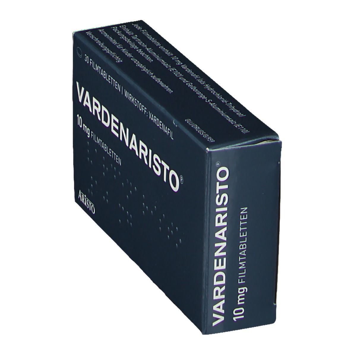 Schachtel mit VARDENARISTO® 10 mg Filmtabletten. Aufschrift: 30 Filmtabletten, Wirkstoff Vardenafil, Aristo. Graue Verpackung.