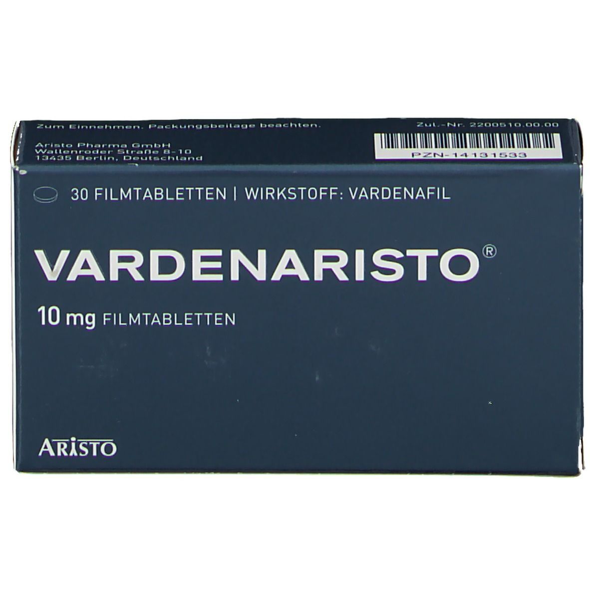 Schachtel mit VARDENARISTO® 10 mg Filmtabletten. Aufschrift: 30 Filmtabletten, Wirkstoff Vardenafil, Aristo. Graue Verpackung.