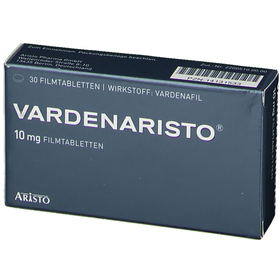 Schachtel mit VARDENARISTO® 10 mg Filmtabletten. Aufschrift: 30 Filmtabletten, Wirkstoff Vardenafil, Aristo. Graue Verpackung.