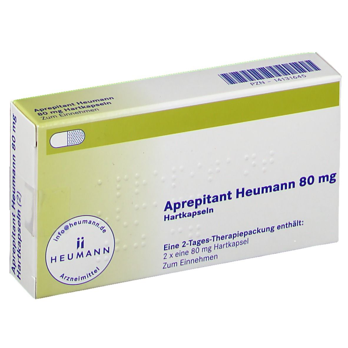 Aprepitant Heumann 80 mg, Packung. Grün-weiße Schachtel mit Produktnamen und Logo. Enthält 2 Hartkapseln.