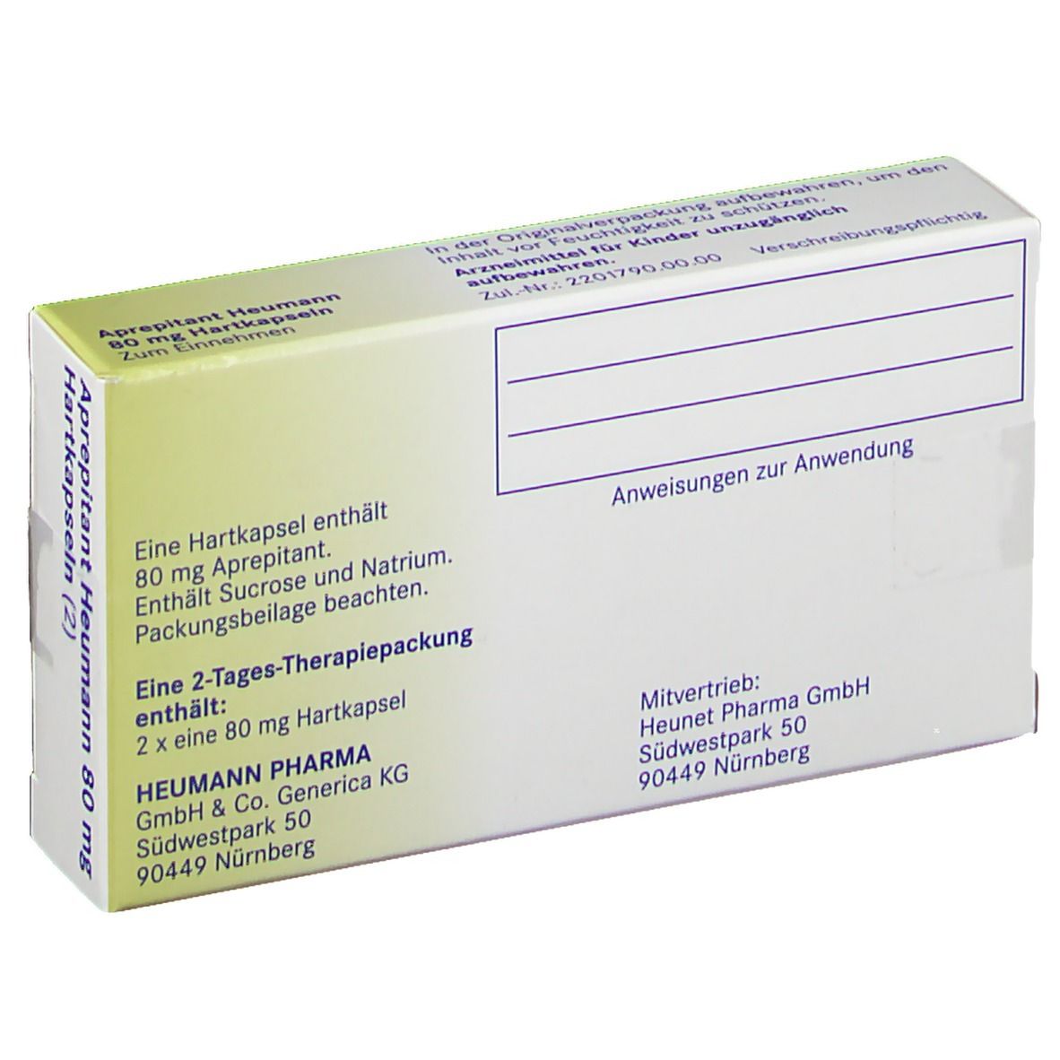 Aprepitant Heumann 80 mg, Packung. Rückseite der Schachtel mit Produktinformationen und Herstellerangaben.