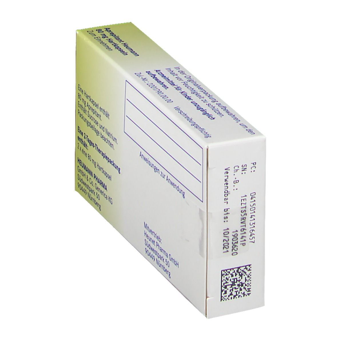 Aprepitant Heumann 80 mg, Packung. Rückseite der Schachtel mit Produktinformationen und Herstellerangaben.