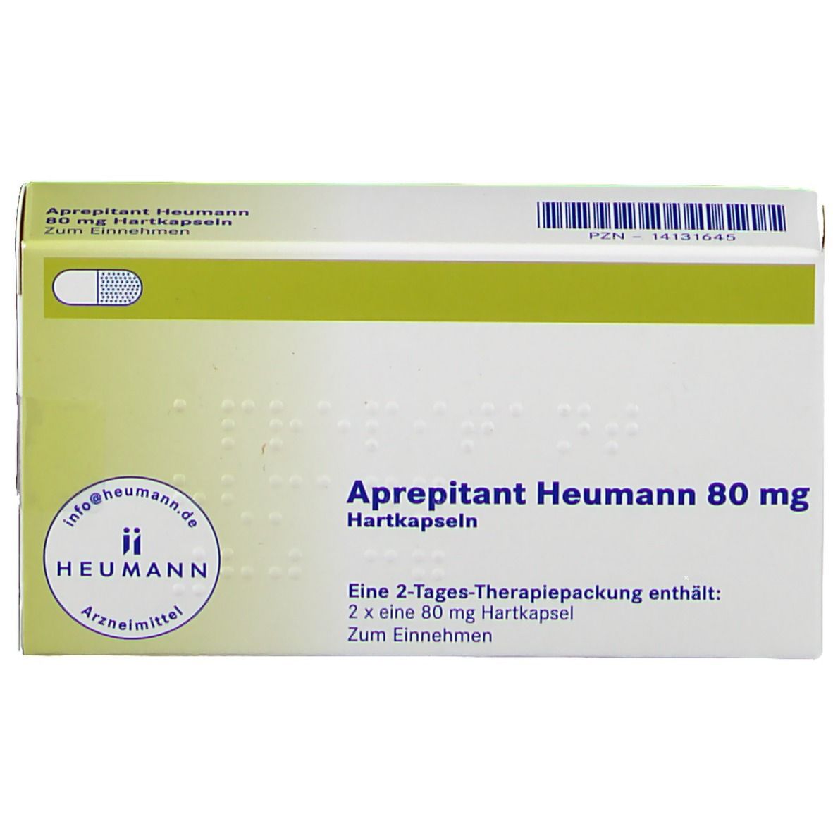 Aprepitant Heumann 80 mg, Packung. Grün-weiße Schachtel mit Produktnamen und Logo. Enthält 2 Hartkapseln.