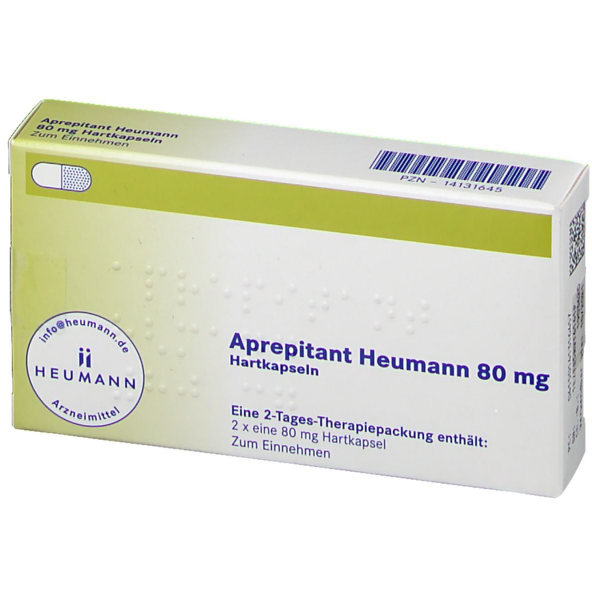 Aprepitant Heumann 80 mg Hartkapseln-Packung. Enthält 2 x 80 mg Hartkapseln. Heumann-Logo. PZN-14131645.