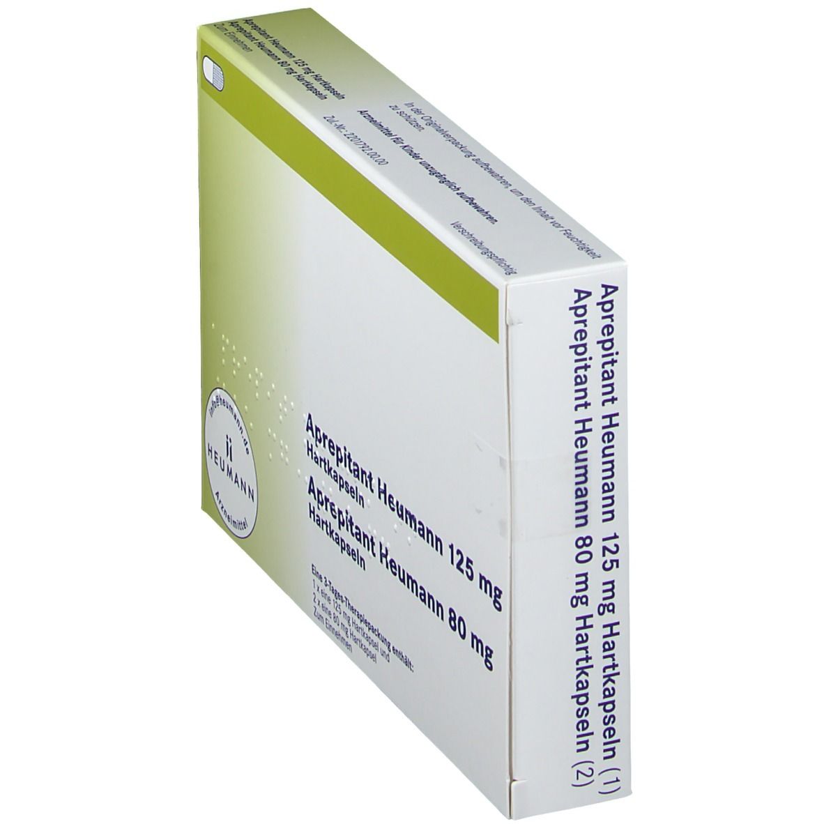 Schräg stehende Schachtel mit Aprepitant Heumann 125 mg und 80 mg Hartkapseln. Aufschrift: Heumann. Enthält 3-Tages-Therapiepackung.