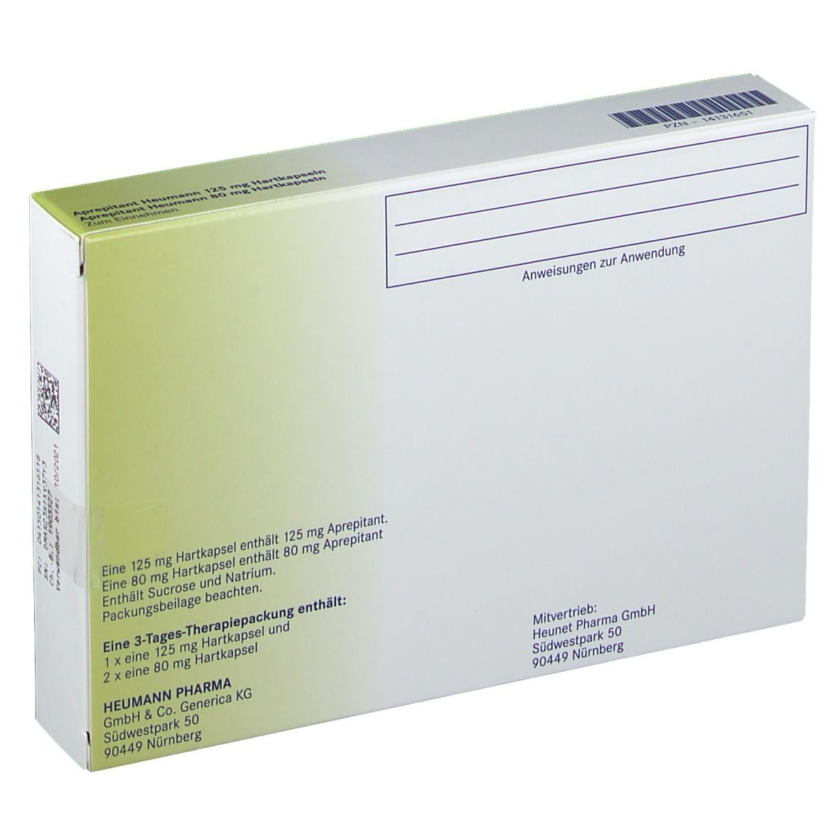 Rückseite der Schachtel mit Aprepitant Heumann 125 mg und 80 mg Hartkapseln. Text: Heumann Pharma GmbH. Enthält 3-Tages-Therapiepackung.