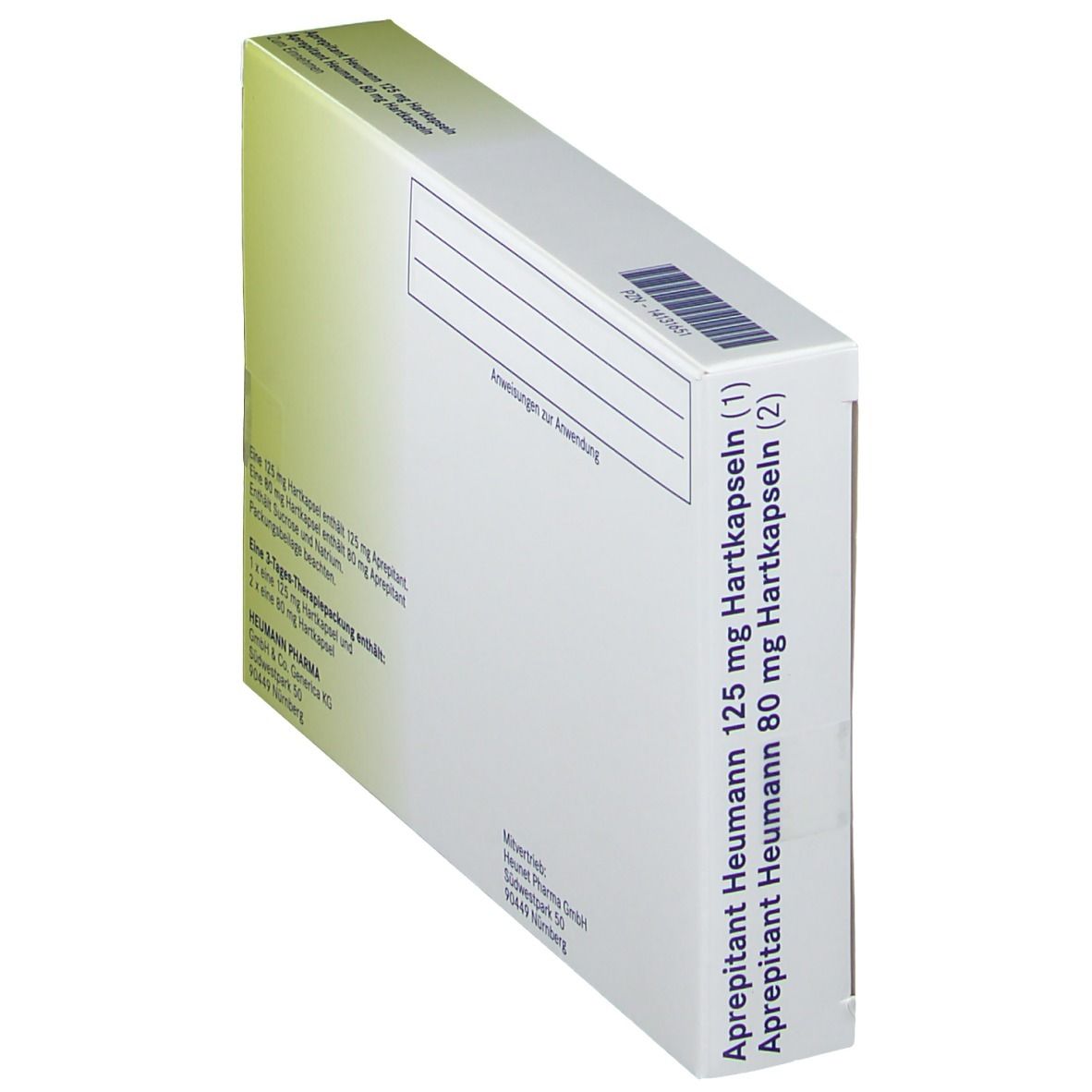 Schräg stehende Schachtel mit Aprepitant Heumann 125 mg und 80 mg Hartkapseln. Text: Heumann. Enthält 3-Tages-Therapiepackung.