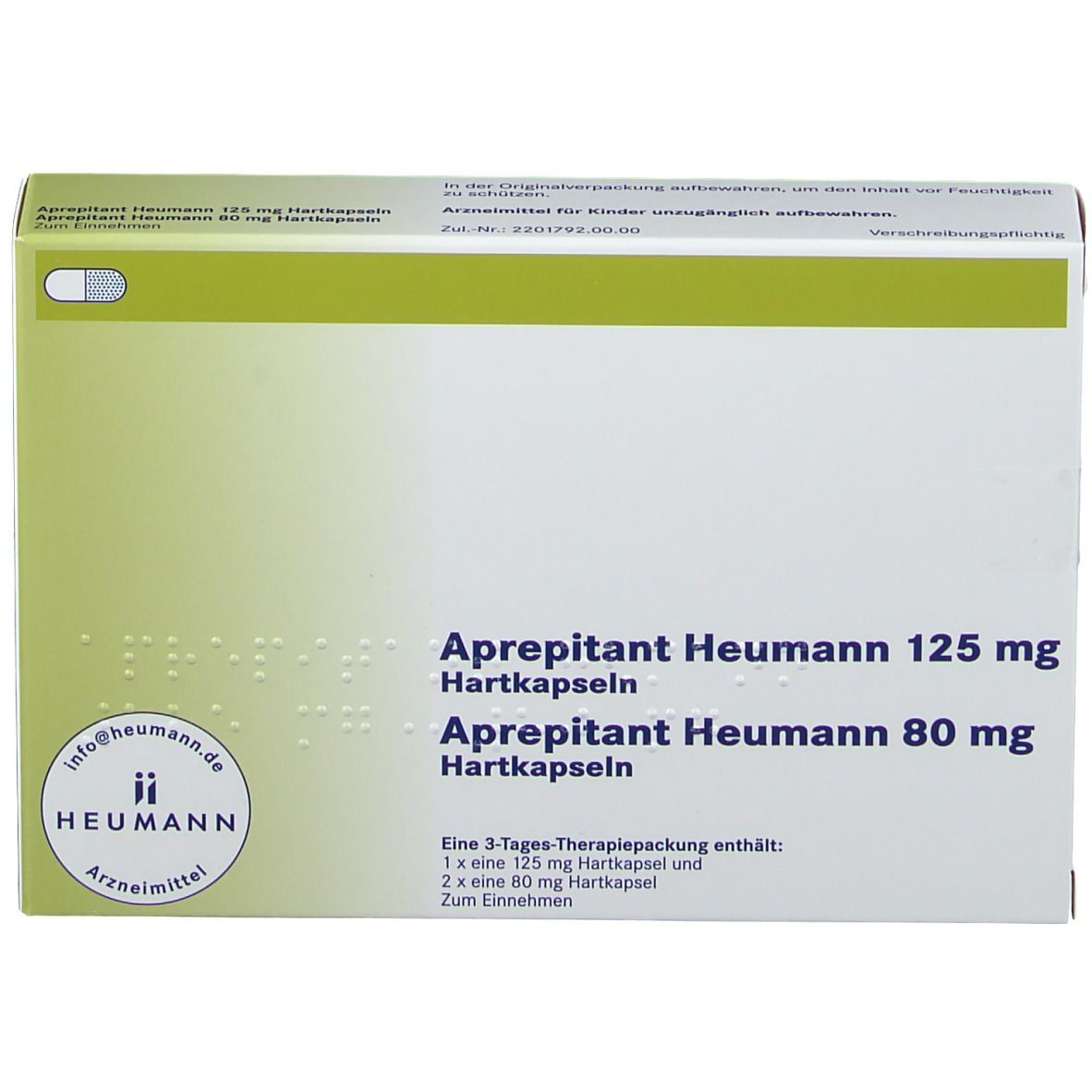 Schachtel mit Aprepitant Heumann 125 mg und 80 mg Hartkapseln. Aufschrift: Heumann, Arzneimittel. Enthält 3-Tages-Therapiepackung.