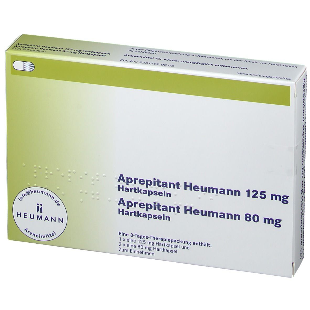 Schachtel mit Aprepitant Heumann 125 mg und 80 mg Hartkapseln. Aufschrift: Heumann, Arzneimittel. Enthält 3-Tages-Therapiepackung.