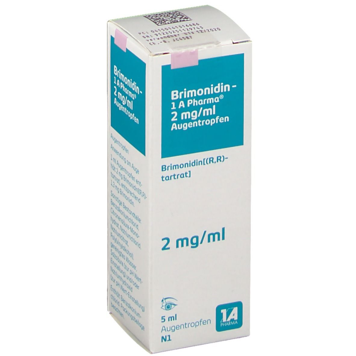 Karton mit Augenarzneimittel. Aufschrift: Brimonidin-1A Pharma 2 mg/ml Augentropfen. Enthält 5 ml. 1A Pharma Logo.