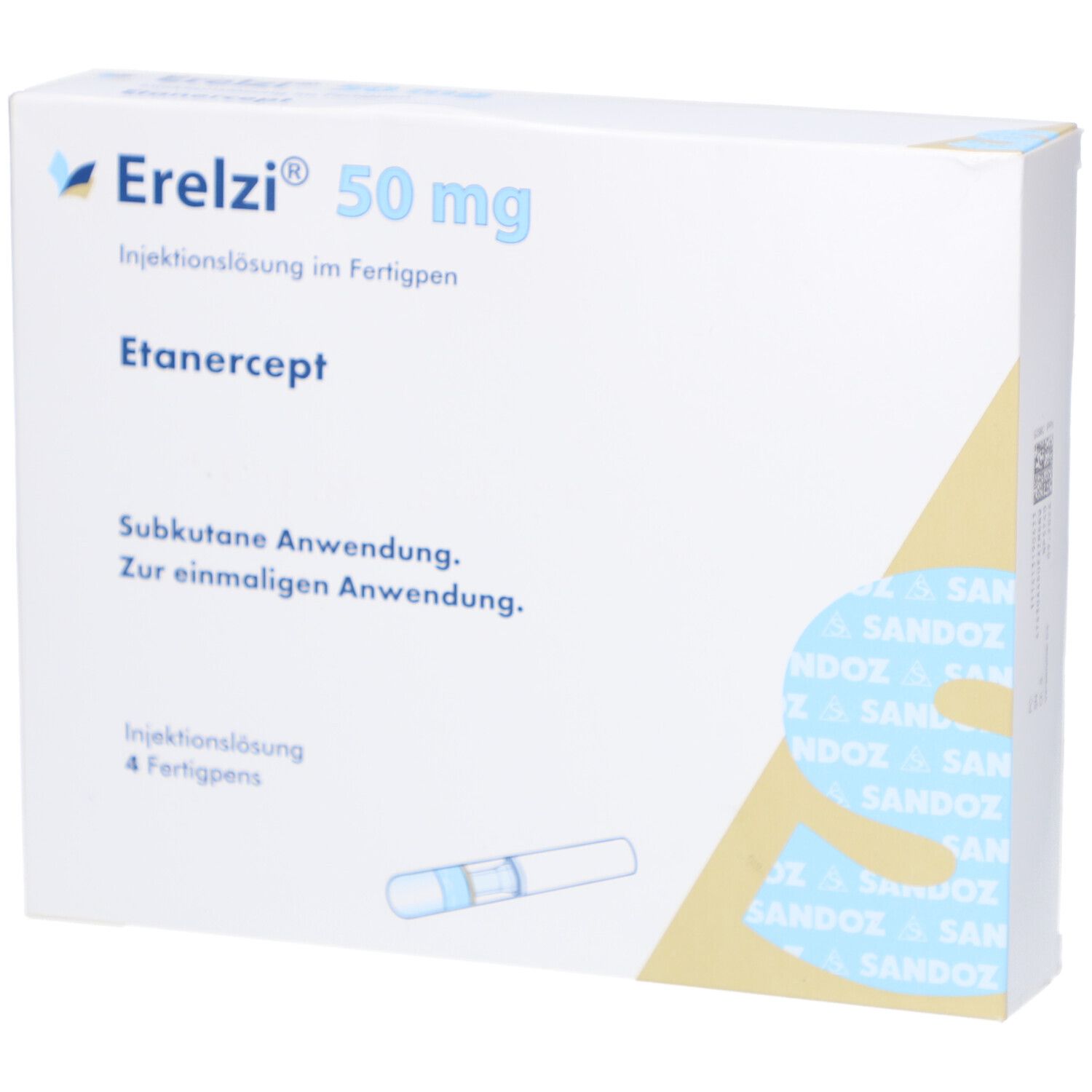 Schachtel mit Erelzi 50 mg. Aufschrift: Injektionslösung im Fertigpen, Etanercept. Enthält 4 Fertigpens. Weiße Verpackung.